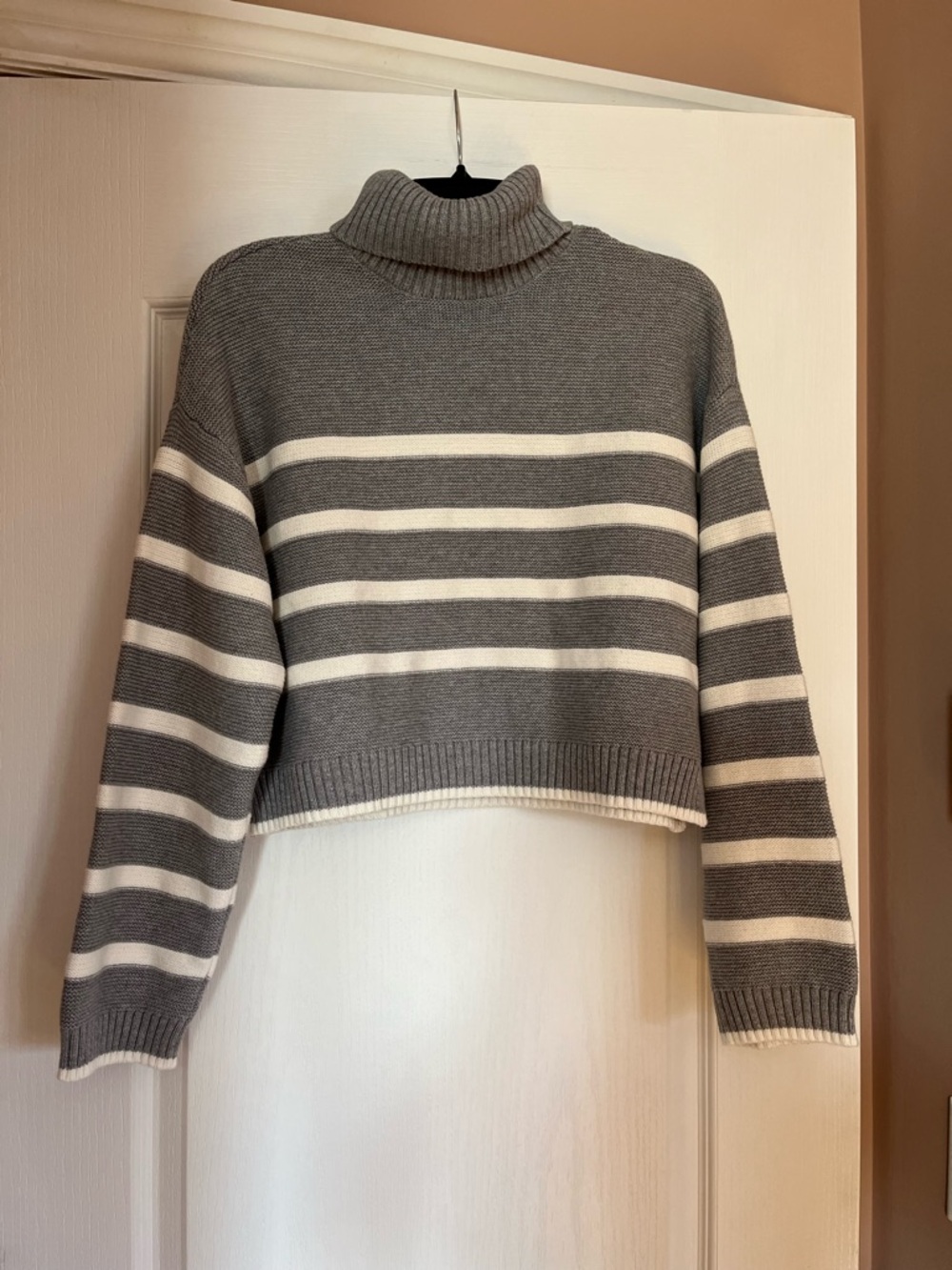 New - Dynamite Gray and White Striped Cropped Turtleneck Sweater